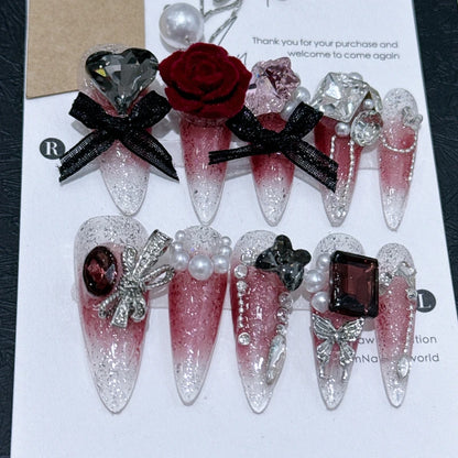 Dark Black Stiletto Press On Nails with Butterfly Design - Smarsty