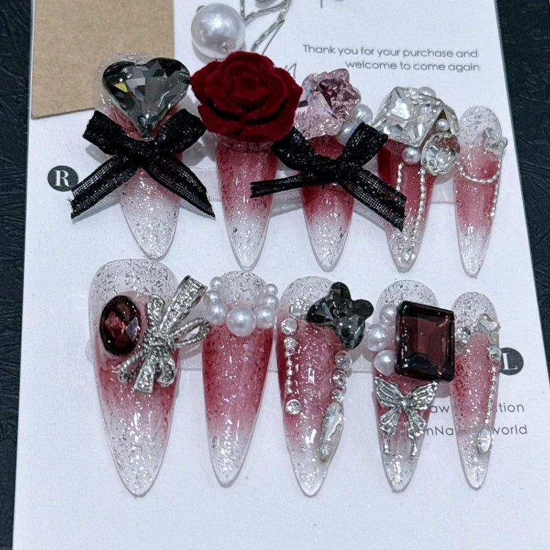 Dark Black Stiletto Press On Nails with Butterfly Design - Smarsty