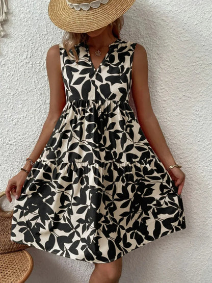 Women Boho Print Mini Dress Summer Elegant Sleeveless V Neck Ruffle A Line Tank Dress Casual Loose Oversize Beach Party Sundress - Smarsty