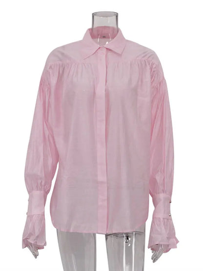 Tossy Casual Loose See-Through Shirts Women's Autumn Lapel Long Sleeve Patchwork Blouse Top Streetwear Female Solid Shirts Top - Smarsty