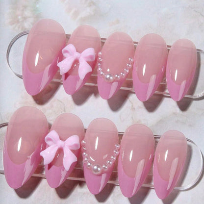 24 Piece Pink Almond Fake Nail Set With Bowknot Design - Smarsty