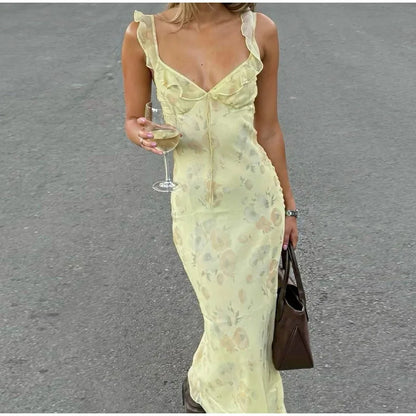 Summer Flower Printed Women's Sexy Low-cut Dress Sleeveless Backless Slim Sling Dresses 2025 Beach Vacation Lady Vestidos