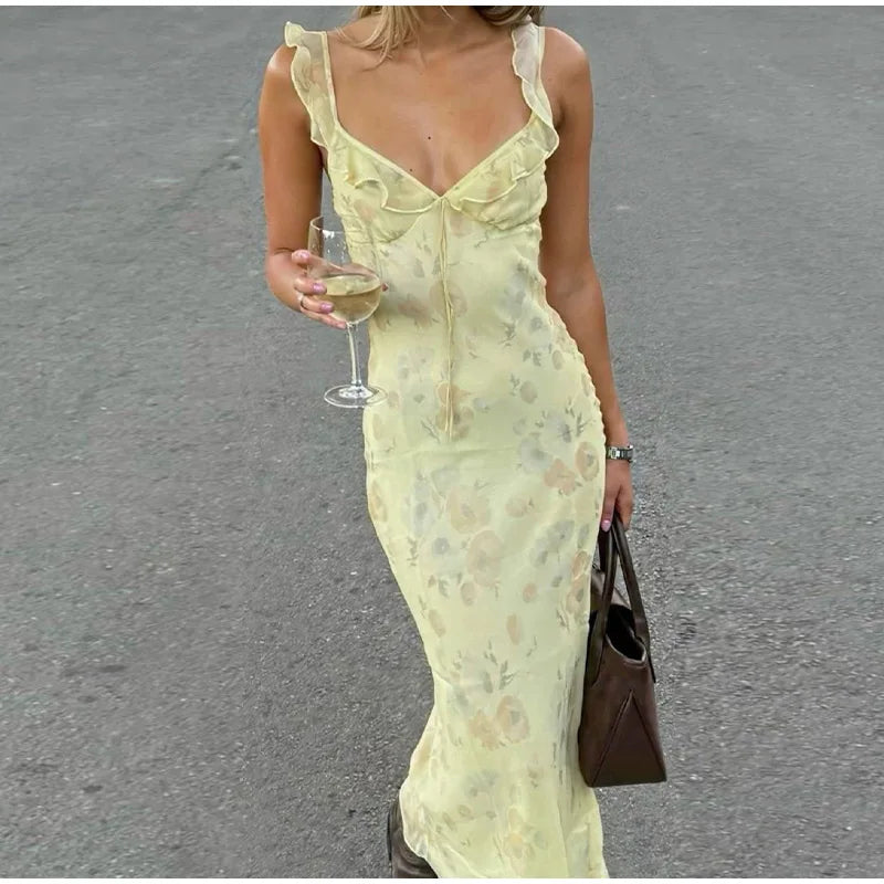 Summer Flower Printed Women's Sexy Low-cut Dress Sleeveless Backless Slim Sling Dresses 2025 Beach Vacation Lady Vestidos