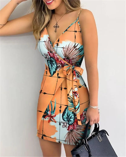 Women's Sexy V-Neck Spaghetti Strap Bodycon Dress, Slim Fit Party Dress with Waist Belt, Summer Cocktail Dress - Smarsty
