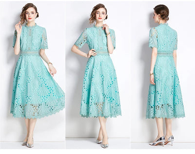 H Han Queen Spring New Elegant Casual Work Party Dresses Floral Crochet Hollow Out Lace Patchwork Casual Office Midi Dress - Smarsty