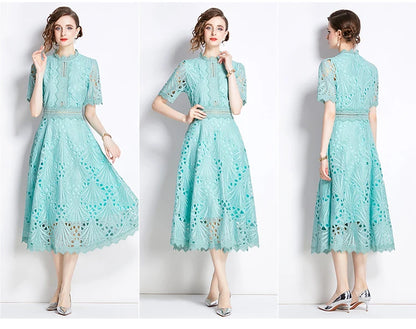 H Han Queen Spring New Elegant Casual Work Party Dresses Floral Crochet Hollow Out Lace Patchwork Casual Office Midi Dress - Smarsty