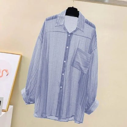 Summer Sunscreen Shirt Elegant Perspective Thin Chiffon Blouse Korean Harajuku See Through Loose Top Casual Women's Cardigan - Smarsty