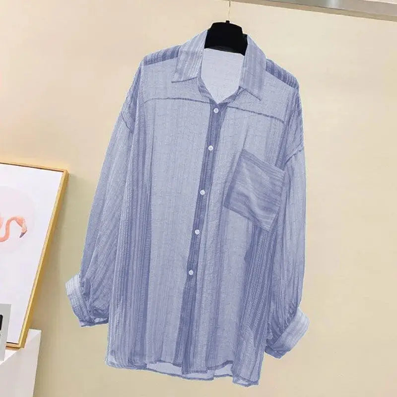 Summer Sunscreen Shirt Elegant Perspective Thin Chiffon Blouse Korean Harajuku See Through Loose Top Casual Women's Cardigan - Smarsty