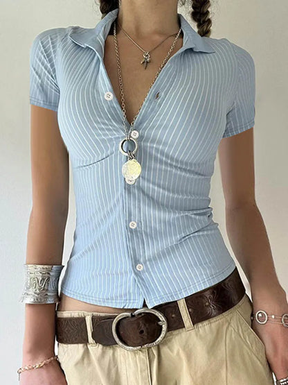 Sweetown Blue Stripe Short Sleeve Shirts For Women Button Up Turn Down Collar Slim Simple Casual Preppy Tops Basic Summer Tees - Smarsty