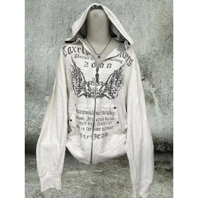 Vintage Sweatshirts 2025 Women's Clothes White Print Tunic Hooded Y2k Coat Streetwear Fashion Casual Hoodies Tops Ropa Mujer - Smarsty