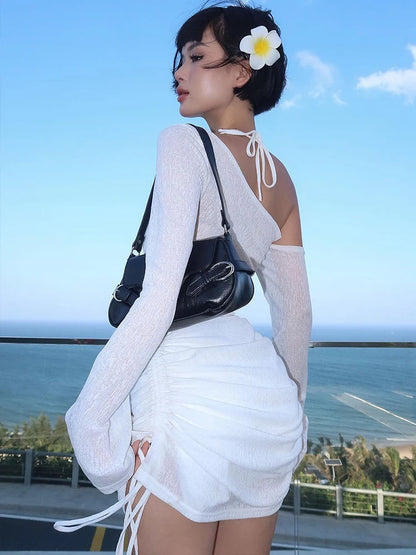 Dulzura Solid Skew Collar Ruched Straps Lace-Up See Through Draw String Mini Dress 2023 Summer  Women Party Clubwear Wholesale - Smarsty