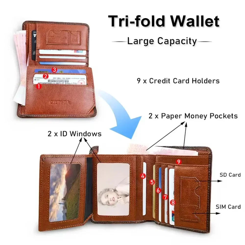 Men Wallet Genuine Leather Rfid Blocking Trifold Wallet Vintage Thin Short Multi Function ID Credit Card Holder Male Purse Money