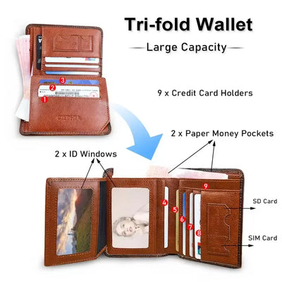 Men Wallet Genuine Leather Rfid Blocking Trifold Wallet Vintage Thin Short Multi Function ID Credit Card Holder Male Purse Money - Smarsty