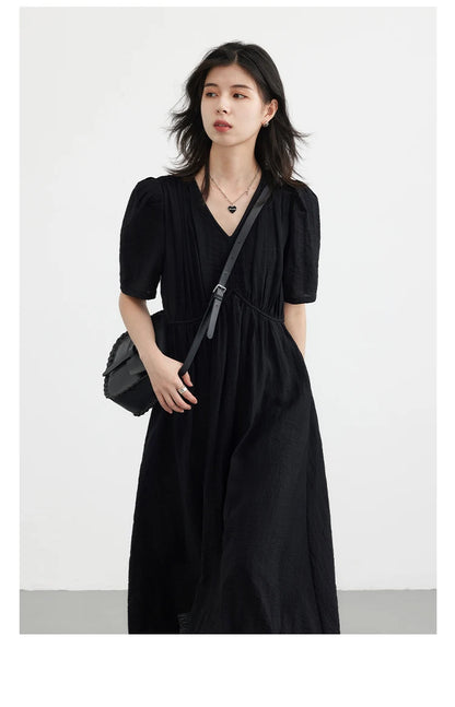 CHIC VEN Women Dresses French Style Vintage V-neck Puff Sleeve Long Dress Solid Black Loose Female Clothing Summer New 2023 - Smarsty