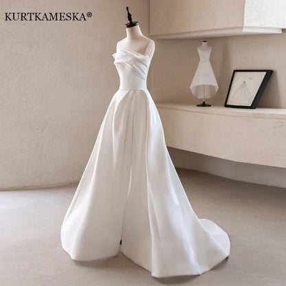 French Luxury White Satin Trailing Wedding Dresses for Bride 2025 Women Elegant Sexy Strapless Long Prom Party Dress vestidos