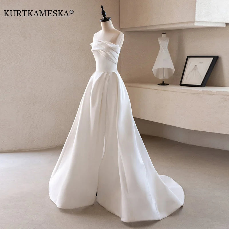 French Luxury White Satin Trailing Wedding Dresses for Bride 2025 Women Elegant Sexy Strapless Long Prom Party Dress vestidos