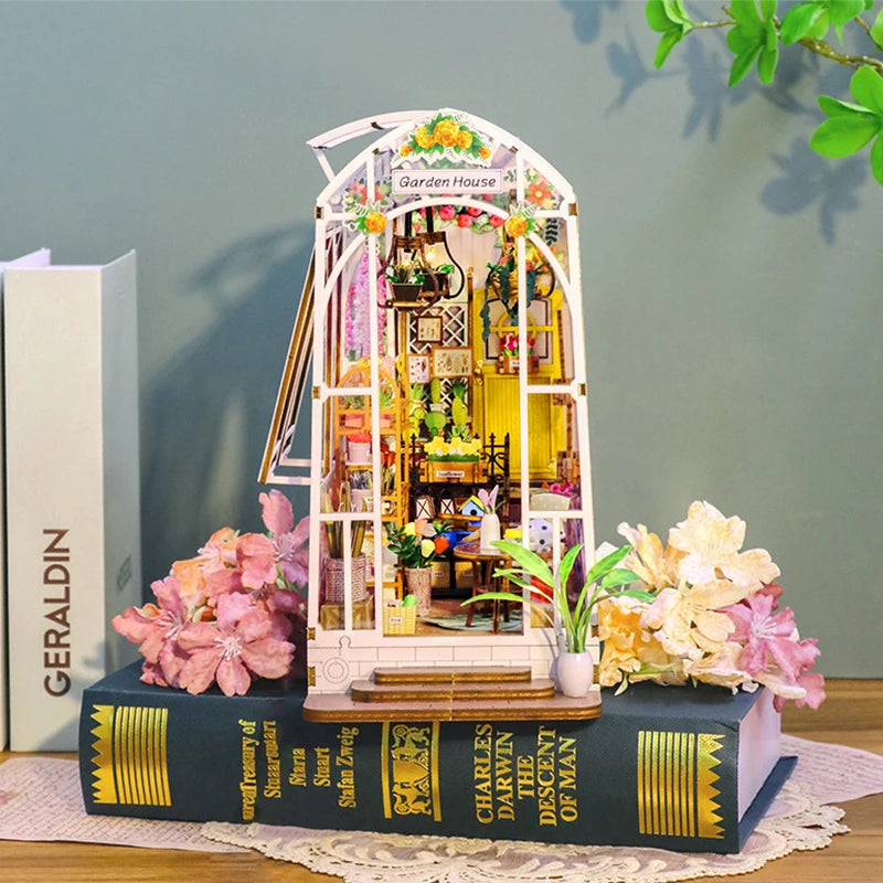 Wooden Flower Garden Doll House DIY Garden House Book Nook Shelf Insert 3D Puzzle Assembly Building Bookshelf With LED Lights