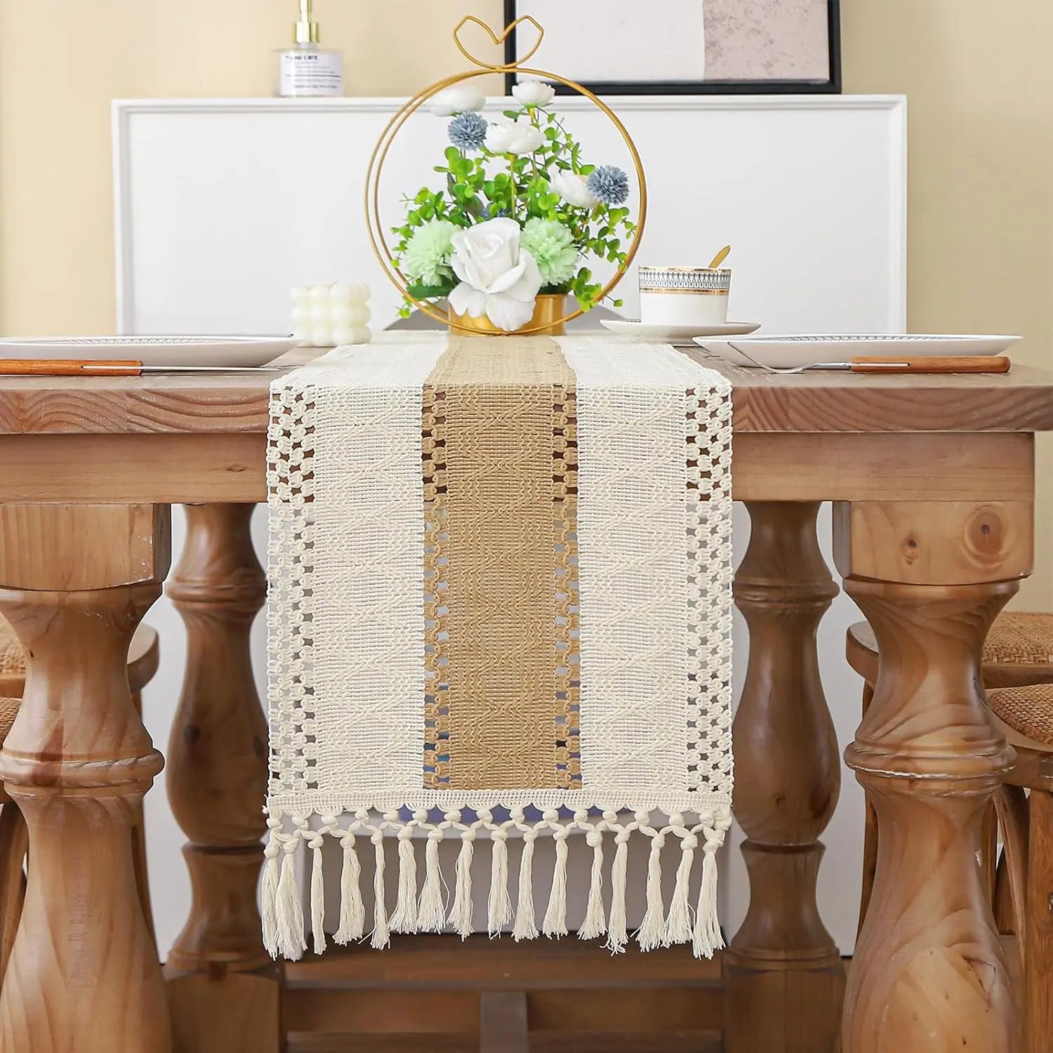 Boho Farmhouse Linen Table Runner with Tassels - Smarsty