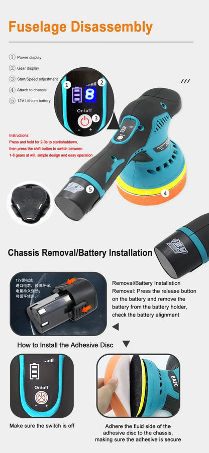 Cordless Car Polisher 12V 8 Speeds Noiseless Polishing - Smarsty