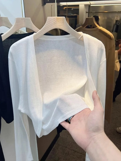 Short Ice Silk Knitted Sun Protection Cardigan Women's Thin Summer Suspender Skirt Layered Gauze Jacket Air-conditioned Cover Up - Smarsty
