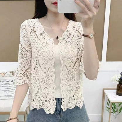 Women Knitted Lace Shrug Boho Hollow Crochet Floral 3/4 Sleeves Open Front Cropped Cardigan Elegant Mesh Sweater Coveup - Smarsty