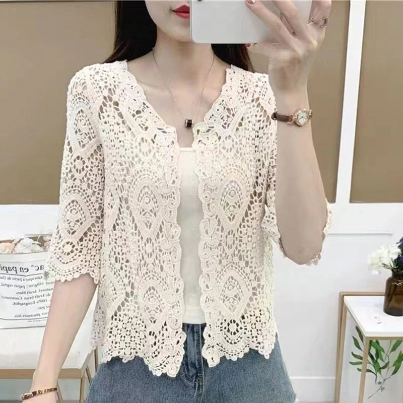 Women Knitted Lace Shrug Boho Hollow Crochet Floral 3/4 Sleeves Open Front Cropped Cardigan Elegant Mesh Sweater Coveup - Smarsty