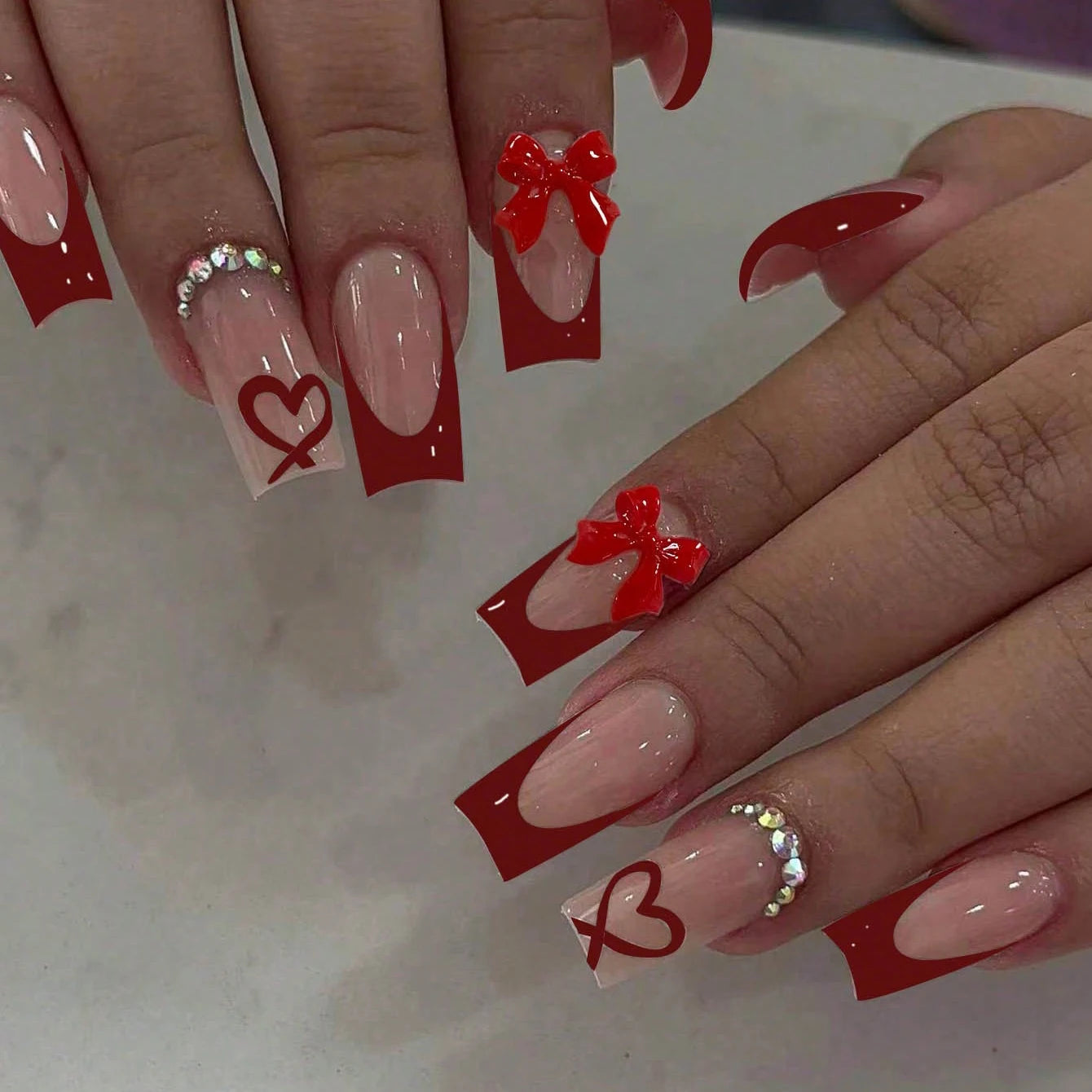 24pcs Summer Pink White Bow Design Fake Nails - Smarsty