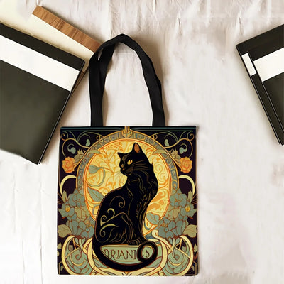 Retro Black Cat Tote Bag Linen Fabric Lightweight Shopping - Smarsty