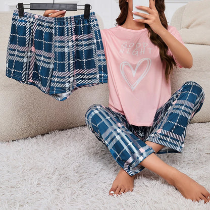 Women's Short Sleeve Crew Neck Top With Shorts And Pants 3 Piece Loungewear Sleepwear Lounge Sets Nighty Print Casual Pajama Set - Smarsty