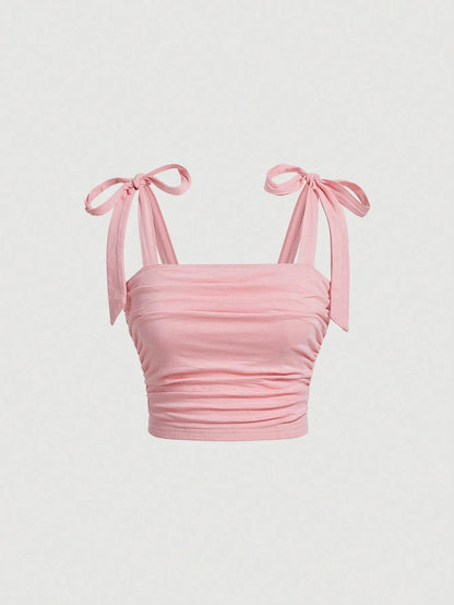 Solid Tie Shoulder Ruched Wide Strap Slim Fit Crop Top Women Clothing Summer 2025 Y2K Clothes Pink Backless Camis Top Streetwear