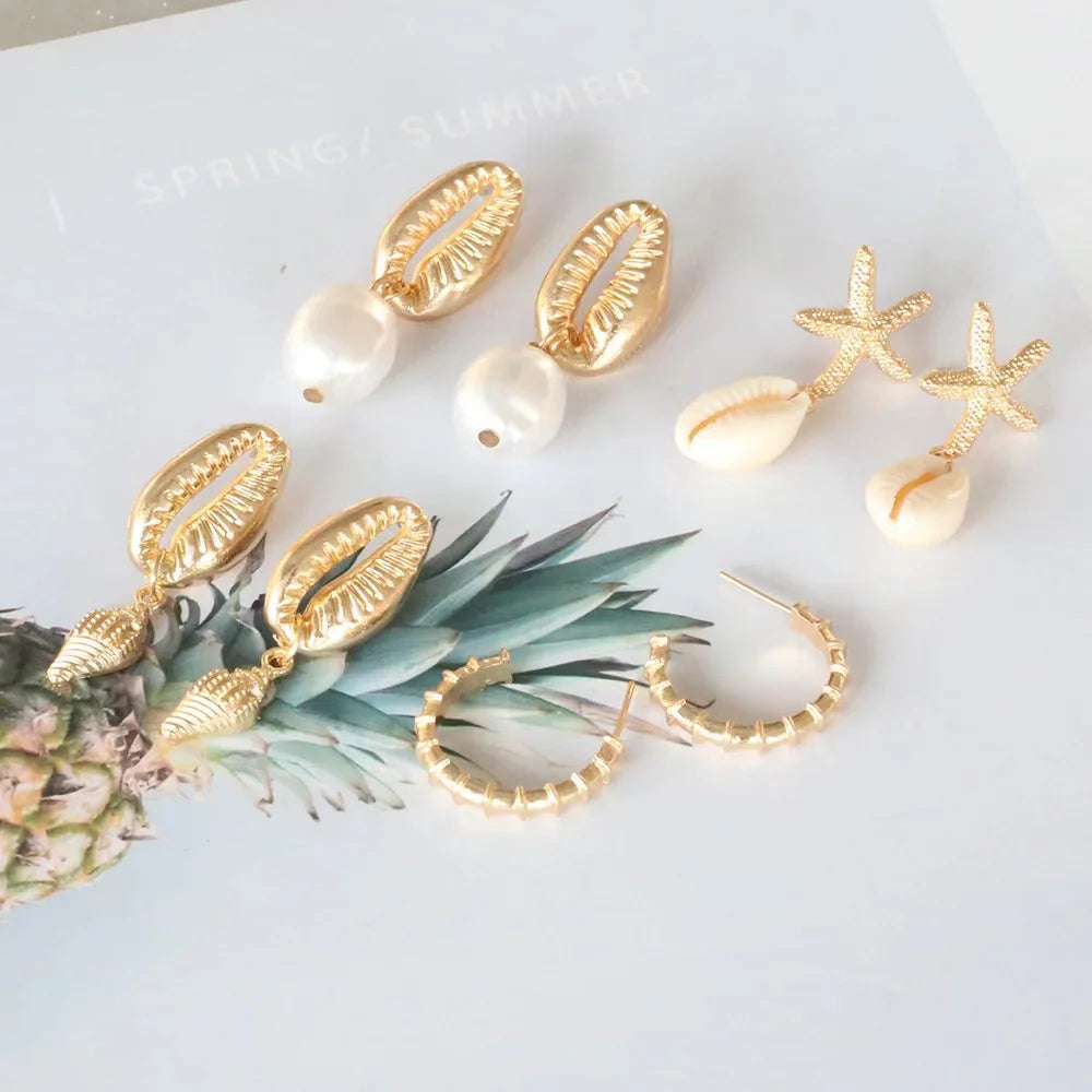 Bohemia Shell Starfish Dangle Earrings Set for Summer Style - Smarsty