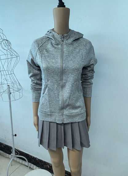 Gray Zipper Hooded Sweatshirt Women 2025 New Korean Slim Fit Cardigan Long Sleeve Coat Woman Solid Pockets Sports Hoodies Jacket