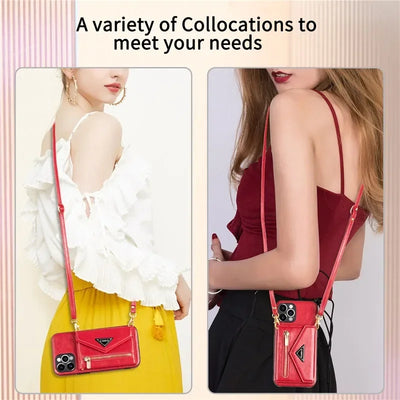Zipper Wallet Phone Case For iPhone 17 Air 16 Plus 16E 15 Pro Max Leather Card Back Crossbody Strap Leather Magnetic Wallet Phone Case by Smarsty