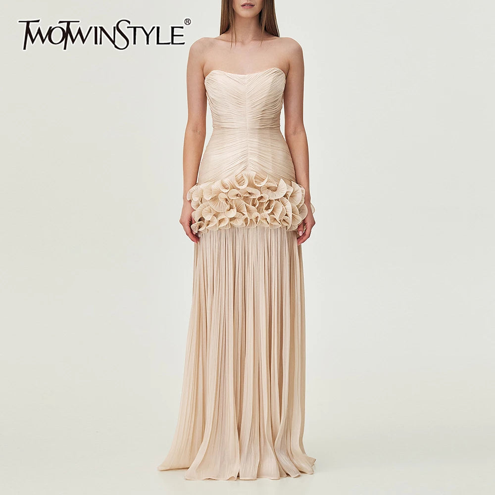 TWOTWINSTYLE Solid Spliced Fungus Slimming Dresses for Women Strapless Sleeveless Patchwork Folds Midi Dress Female Clothing New - Smarsty