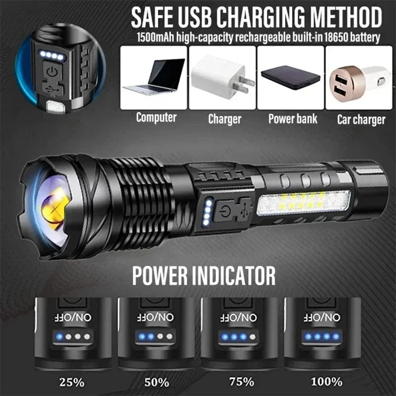 Rechargeable LED Flashlight Zoomable Torch with COB Side Led 7 Modes Waterproof High Power Hand Light Outdoor Wilderness Camping