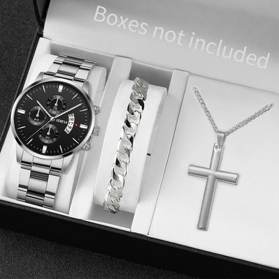 Men's Stainless Steel Quartz Watch Set with Calendar - Smarsty