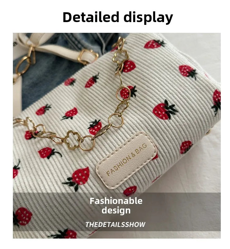 Corduroy Underarm Bag For Women Strawberry Print Mini Tote - Smarsty