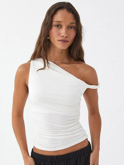 Simple Basic Casual Summer Tank Top Sleeveless Solid Color Off Shoulder Side Ruched Crop Tops Vestidos Spring Women T S - Smarsty