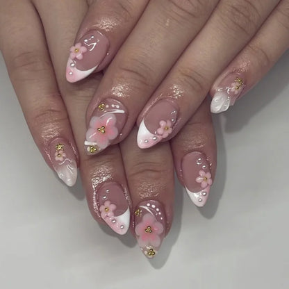 Colorful Press On Almond Nails Set with Pearl Flowers - Smarsty