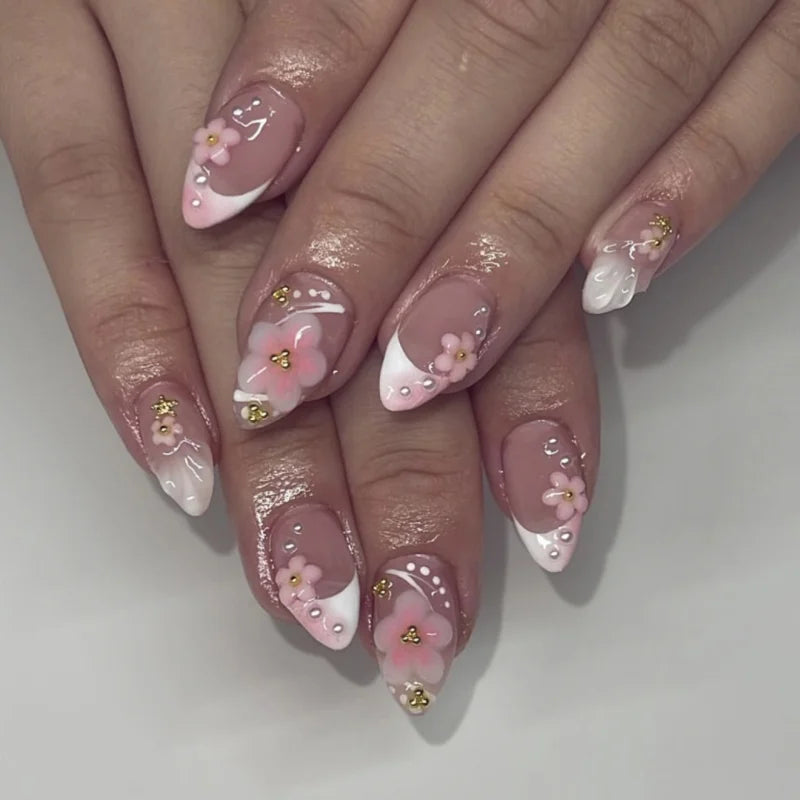 Colorful Press On Almond Nails Set with Pearl Flowers - Smarsty