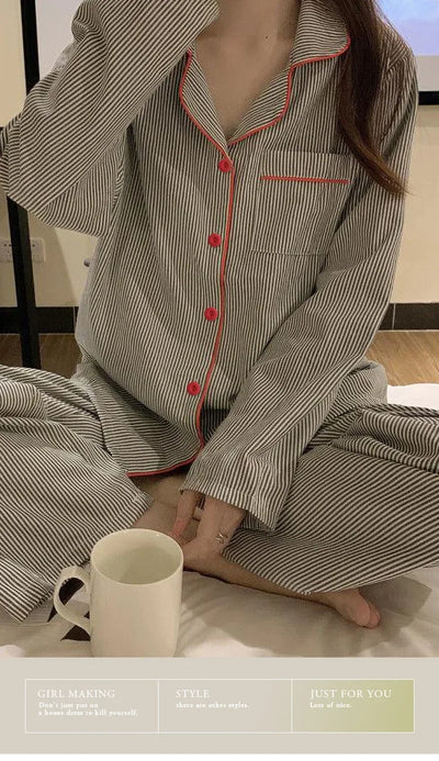 2PCS/Set Women's Long Sleeve Loose Breathable Student Sleepwear Loungewear Cardigan Gray Striped Girl Fashion Pajamas Homewear - Smarsty