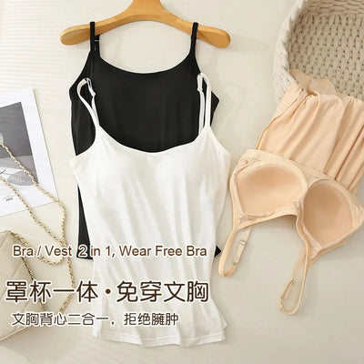 M-3XL For 35-85kg Modal Plus Size Camisole Tank Top With Fixed Cup Women's Chest Padded Outer Wear Bottoming Underwear Wear-Free - Smarsty