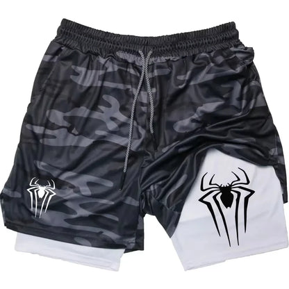 Y2K Performance Shorts Men Spider Printed GYM Casual Sports Compression Shorts Workout Running Mesh 2 In 1 Sport Short Pants - Smarsty