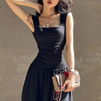 WhereMery Elegant Slip Long Dresses Sexy Women Ruched Bodycon Solid Maxi Dress Spring Y2K Summer Temperament High-waist Vestidos - Smarsty