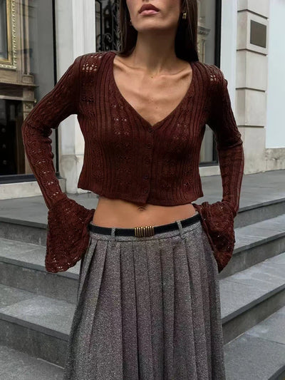 TARUXY Hollow Knitted Cardigan Women's Solid Long Sleeve V Neck Short Sweater Top Summer 2025 New Female Crochet Casual Outwear - Smarsty