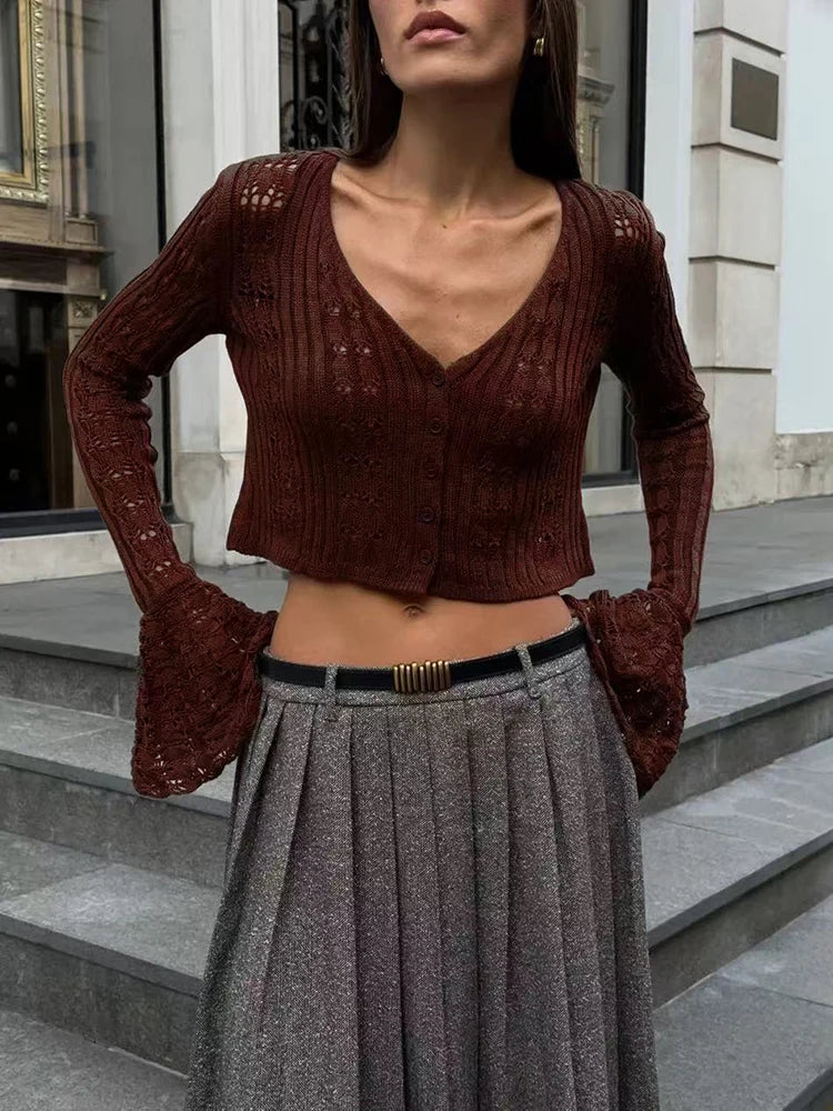 TARUXY Hollow Knitted Cardigan Women's Solid Long Sleeve V Neck Short Sweater Top Summer 2025 New Female Crochet Casual Outwear