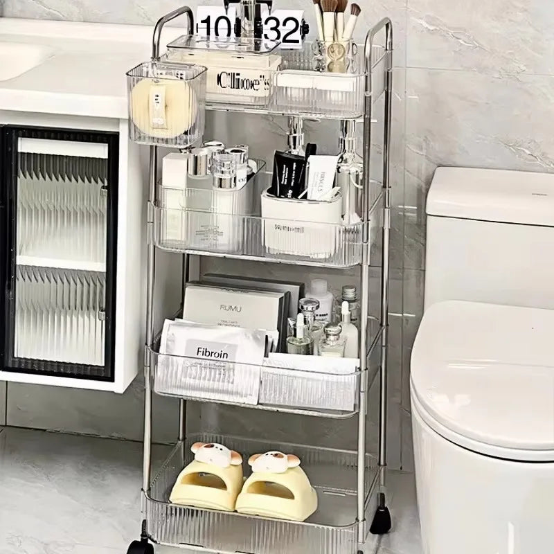 3/4 Layer Rolling Trolley Storage Rack Movable Trolley With Hanging Basket Bathroom Storage Makeup Snack Organizer Transparent