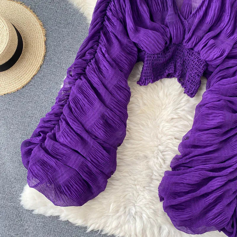 Women Sexy Chiffon Short Blouse Female See Through Super Long Sleeve Blusas Purple/Green/Black/White Folds Party Tops 2022 New - Smarsty