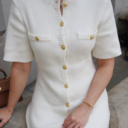 White Elegant Knitted Mini Dress For Women Metal Button Sexy Slim Rib Sweater Dress Holiday Party Outfits Autumn 2024 New - Smarsty