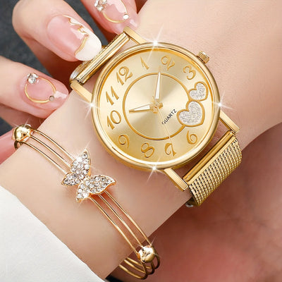 Fashion Heart Women's Quartz Watch Set with Butterfly Design - Smarsty